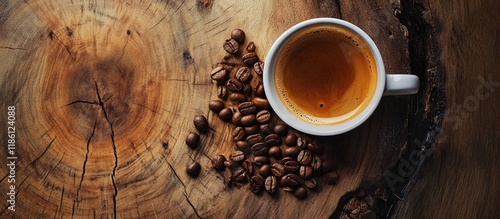 coffee beans beside a cup of coffee on a wooden surface. with copy space image. Place for adding text or design photo