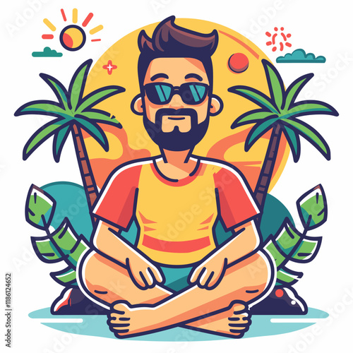 Bearded man in sunglasses sitting on the beach. Vector illustration.