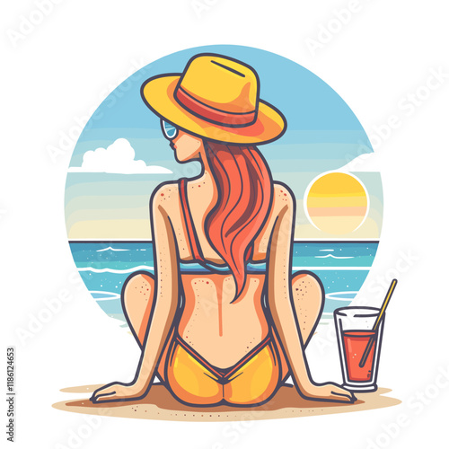 Vector illustration of a beautiful woman in a hat and sunglasses sitting on the beach with a glass of juice