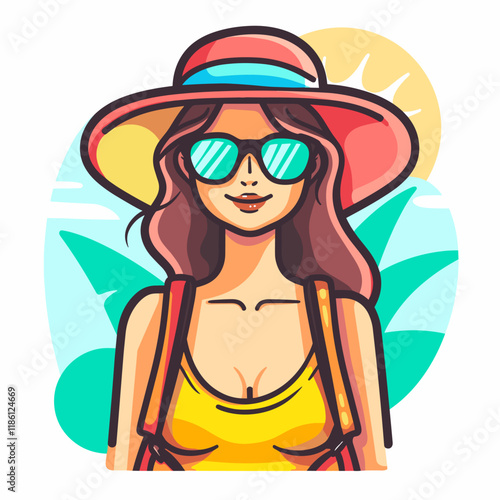 Beautiful young woman in summer hat and sunglasses. Vector illustration