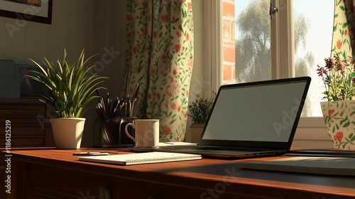 Wallpaper Mural Sunny Workspace: Laptop, Plants, and Morning Light Torontodigital.ca