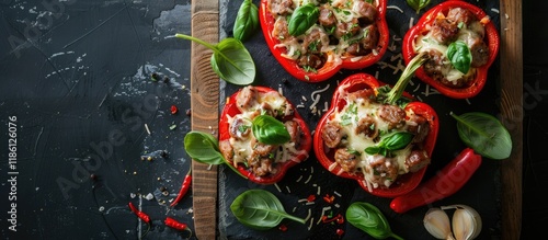 Fresh Red Pepper Halves Stuffed with Sausage and Cheese. with copy space image. Place for adding text or design photo