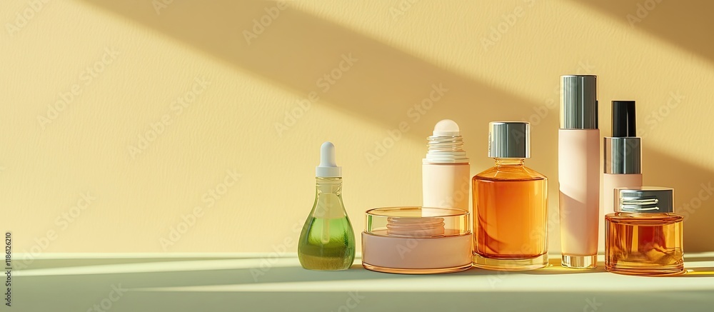 Natural cosmetic jars and bottles along with skin care accessories on a light yellow background in close up Beauty products Daily face care routine for women spa treatments. with copy space image Natural cosmetic jars and bottles along with skin care accessories on a light yellow background in close up Beauty products Daily face care routine for women spa treatments. with copy space image