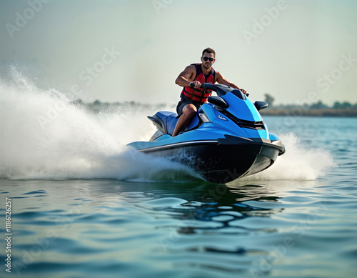 Man operates a vibrant blue jet ski on serene water. Watercraft creates exciting wake and spray. Man is wearing safety vest. Summer day at lake. Activity full of intense energy and joy. Vacation fun.