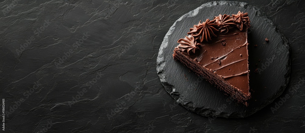 Slice of chocolate cake presented on a black stone top view. with copy space image. Place for adding text or design Slice of chocolate cake presented on a black stone top view. with copy space image. Place for adding text or design
