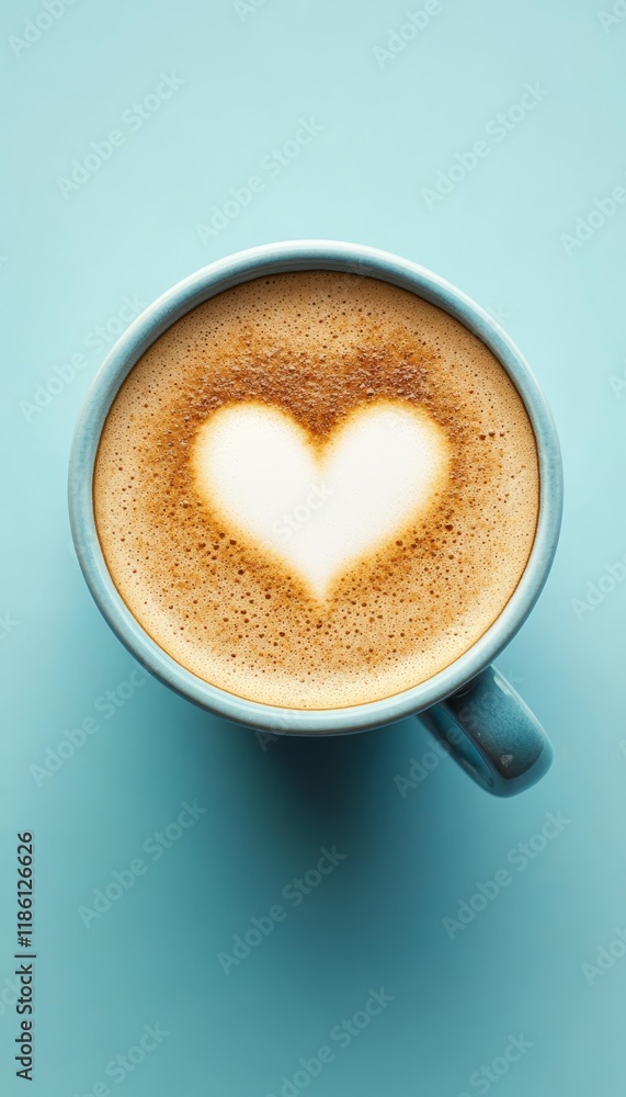 Romantic Cup of Coffee Latte Art with a Delicate Heart Shape on a Tranquil Blue Background Romantic Cup of Coffee Latte Art with a Delicate Heart Shape on a Tranquil Blue Background