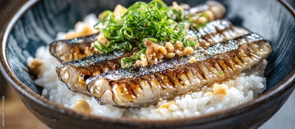 Japanese cuisine features simmered small sardines and walnuts served on rice. with copy space image. Place for adding text or design Japanese cuisine features simmered small sardines and walnuts served on rice. with copy space image. Place for adding text or design