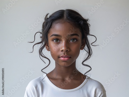 pretty young teenage black girl with beautiful big curl hair, smiling, clean background, portrait shot