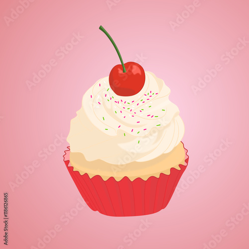 one cupcake with vanilla cream frosting and colorful sprinkles, vector illustration