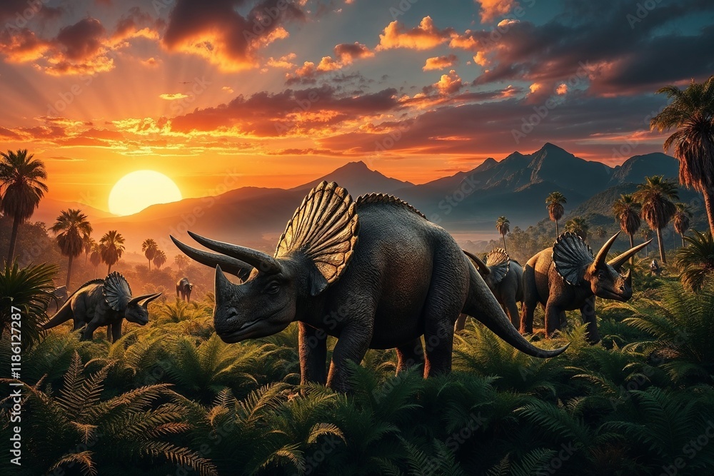 Fototapeta premium Triceratops herd in lush valley at sunset