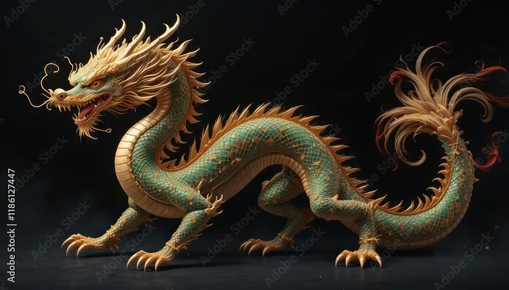 Obraz premium Magnificent Jade and Gold Chinese Dragon Sculpture, Intricate Details, Mythical Creature, Asian Art