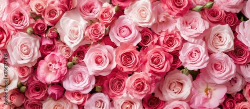 Natural pink roses backdrop Bouquet of rose flowers ideal for weddings holidays and floral garden themes Valentine s Day background featuring pink roses Love themed Valentine s Day Copy space Top v