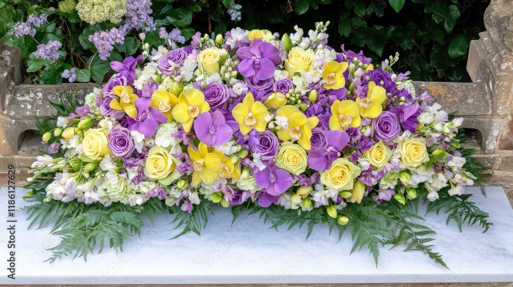 Vibrant Arrangement of Tropical Flowers with Green Foliage Displayed on Marble Surface Vibrant Arrangement of Tropical Flowers with Green Foliage Displayed on Marble Surface