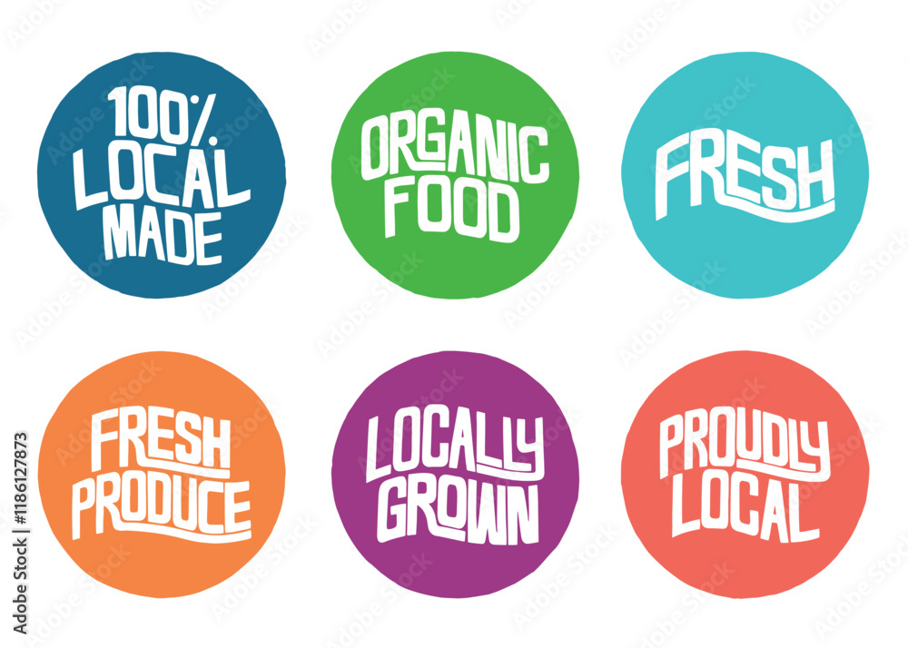 Fototapeta premium Fresh local produce circle badge set. Vector design hand lettering illustration for web, t-shirt design, other graphic design use