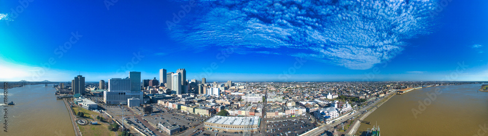 Fototapeta premium Panoramic aerial view of New Orleans skyline at sunset, Louisiana
