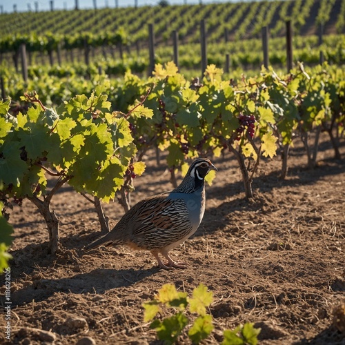 A quail wandering through a peaceful vineyard, with rows of grapevines stretching into the horizon under a clear sky.
