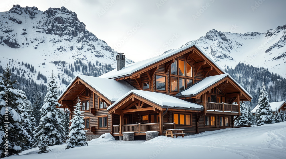 Elegant ski resort cabin surrounded by snow-covered mountains and winter landscape Elegant ski resort cabin surrounded by snow-covered mountains and winter landscape