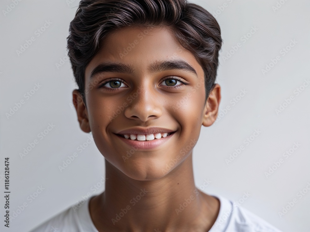 young teenage brown boy smiling, plain background, casual clothes