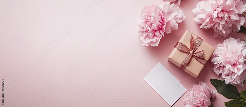 Pink flowers accompanied by a present and card. with copy space image. Place for adding text or design Pink flowers accompanied by a present and card. with copy space image. Place for adding text or design