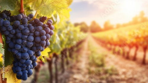 Ripe grapes bask in the warm sunlight, surrounded by lush green vines in a vineyard during a beautiful late afternoon