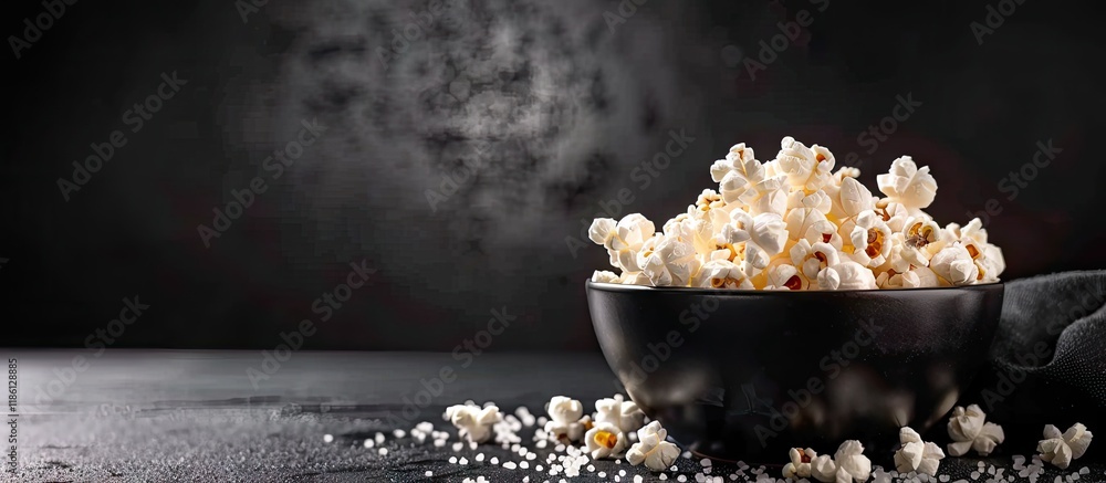 Close up view of a black bowl filled with popcorn on a dark table alongside more popcorn grains and salt against a black background in a vertical orientation with copy space