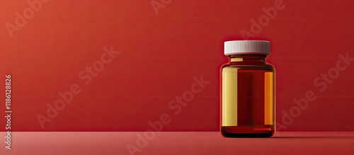 Baby antipyretic in a glass bottle Isolated on a red background Copyspace photo