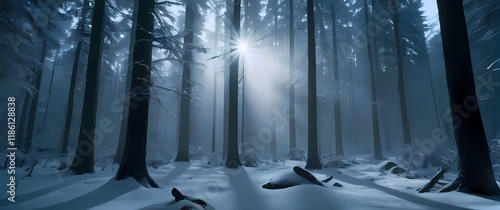 A breathtaking wintery landscape where glistening snow blankets a peaceful forest photo