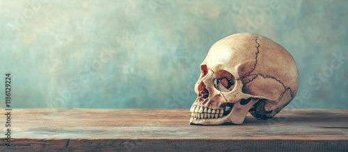 Human skull on wooden table...