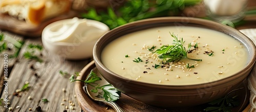 Cheese soup topped with ses...