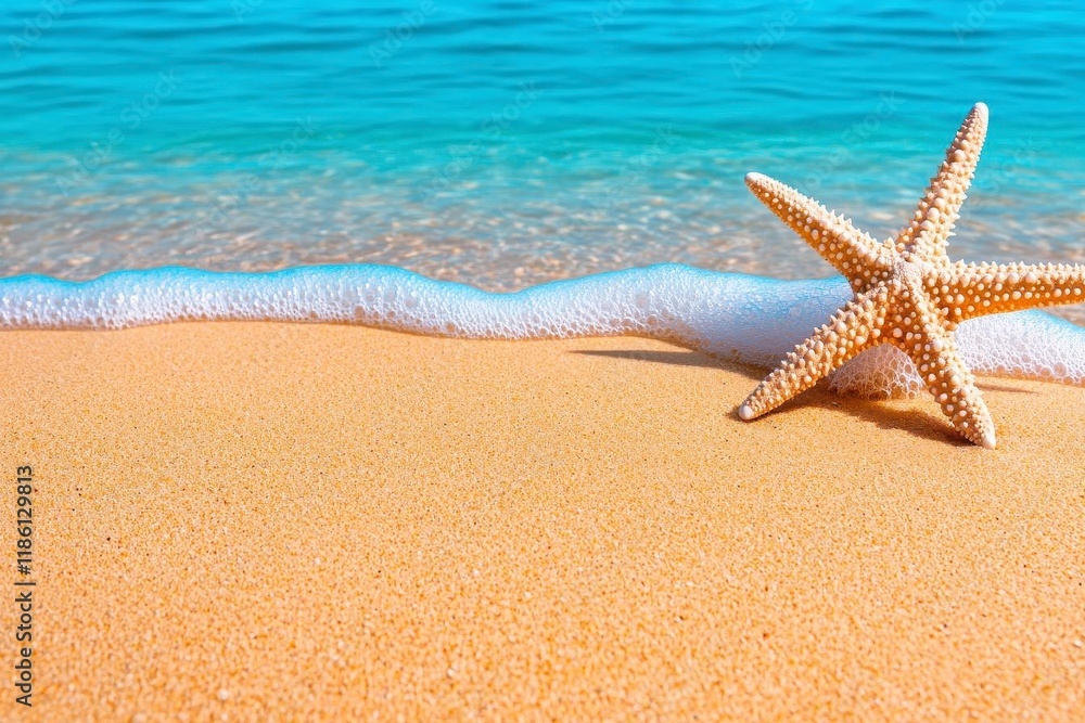 A photostock of a turquoise ocean wave gently washing over smooth sandy shores, ideal for calming beach vibes. High Quality A photostock of a turquoise ocean wave gently washing over smooth sandy shores, ideal for calming beach vibes. High Quality