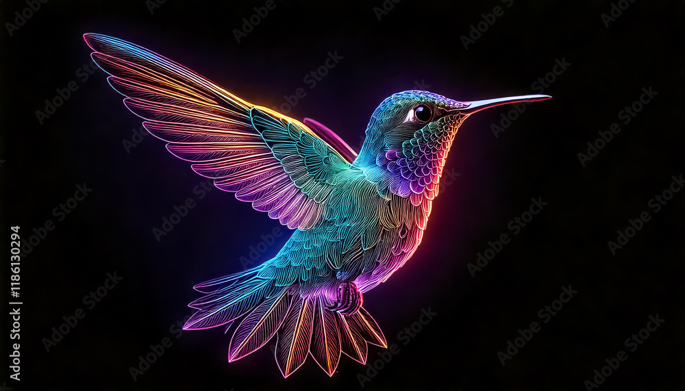 Fototapeta premium colorful glowing neon hummingbird, dark background
