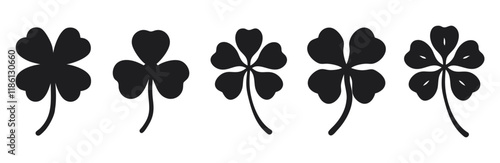 black and white four leaf clover simple flat icon set silhouette vector