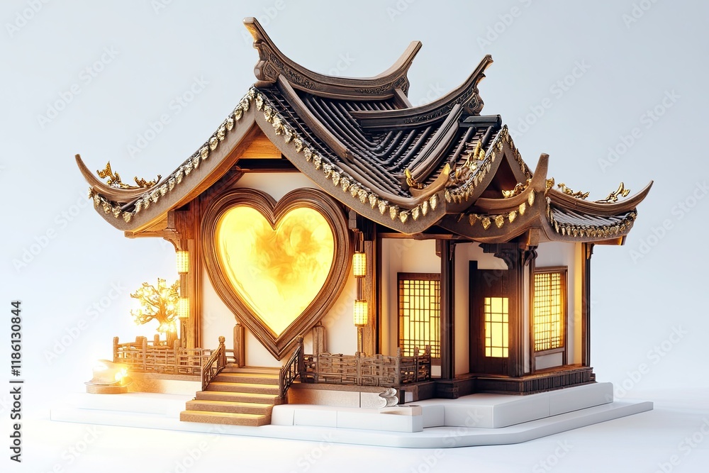 Fototapeta premium Illuminated Asian Style House with Heart Shaped Window