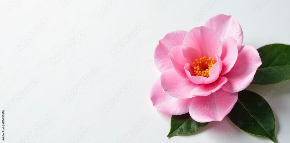Pink camellia on a white background with subtle texture, petals, white, spring Pink camellia on a white background with subtle texture, petals, white, spring