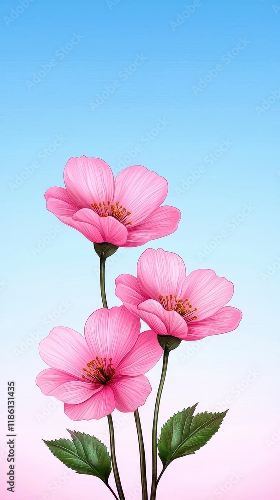Obraz premium A photostock of delicate pink cherry blossoms in full bloom, captured against a soft pastel sky, evoking feelings of spring and renewal. High Quality