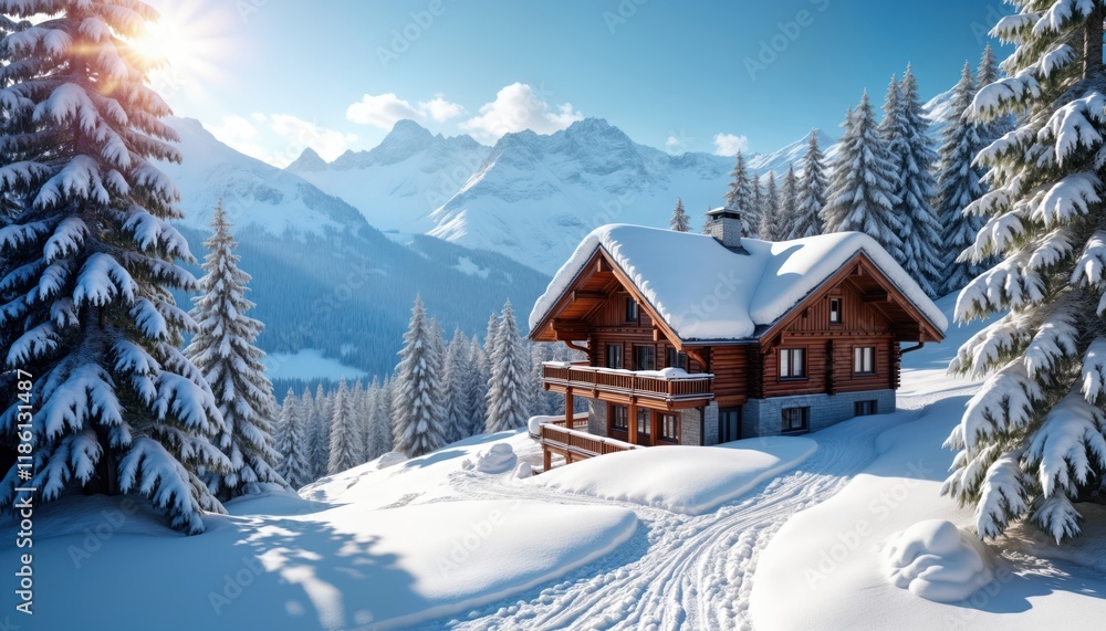 Snowy winter wonderland scene shows chalet nestled in alpine forest. Wooden chalet architecture stands out against snow-covered landscape. Sunny day creates beautiful atmosphere. Picturesque winter Snowy winter wonderland scene shows chalet nestled in alpine forest. Wooden chalet architecture stands out against snow-covered landscape. Sunny day creates beautiful atmosphere. Picturesque winter