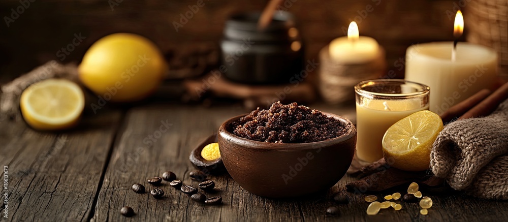Handcrafted Scrub Featuring Coffee Lemon and Argan Oil Spa Essentials Candles. with copy space image. Place for adding text or design Handcrafted Scrub Featuring Coffee Lemon and Argan Oil Spa Essentials Candles. with copy space image. Place for adding text or design