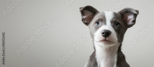 White gray brown puppy in a...