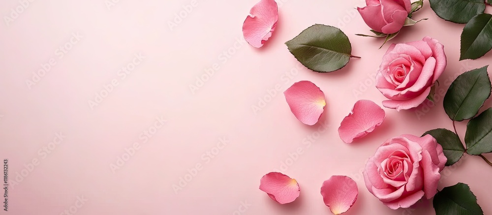 Fototapeta premium Lovely roses on a light pink background top view Area for text. with copy space image. Place for adding text or design