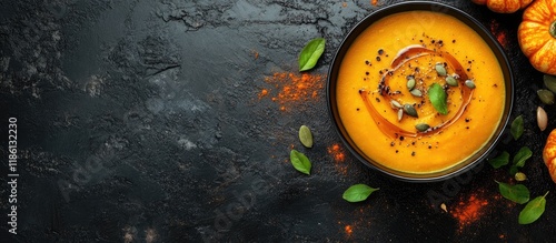 Pumpkin soup and organic pumpkins viewed from above A seasonal autumn dish Spicy pumpkin soup with herbs and seeds. with copy space image. Place for adding text or design photo