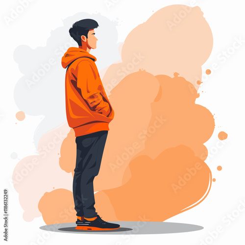 Young man in orange hoodie standing on colorful background. Vector illustration