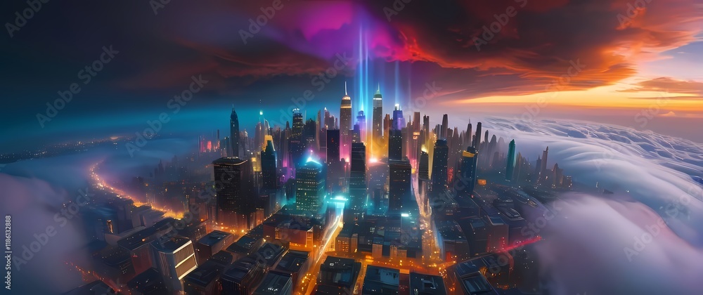 Fototapeta premium A captivating floating city filled with bright colors thriving above the clouds