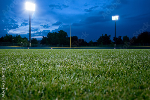 immaculate outfield grass, empty stands, tower lights photo