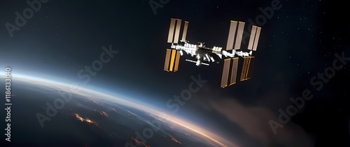 Fototapeta Naklejka Na Ścianę i Meble -  A captivating glimpse of the International Space Station weaving in front of shimmering stars