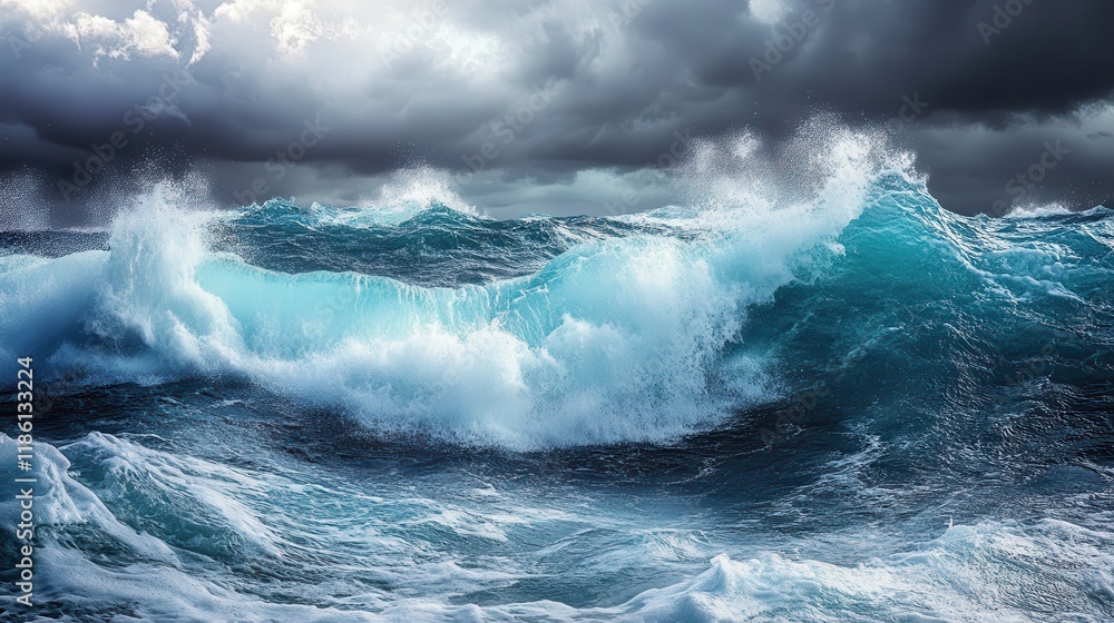 Obraz premium Majestic Ocean Waves Crashing Under a Stormy Sky