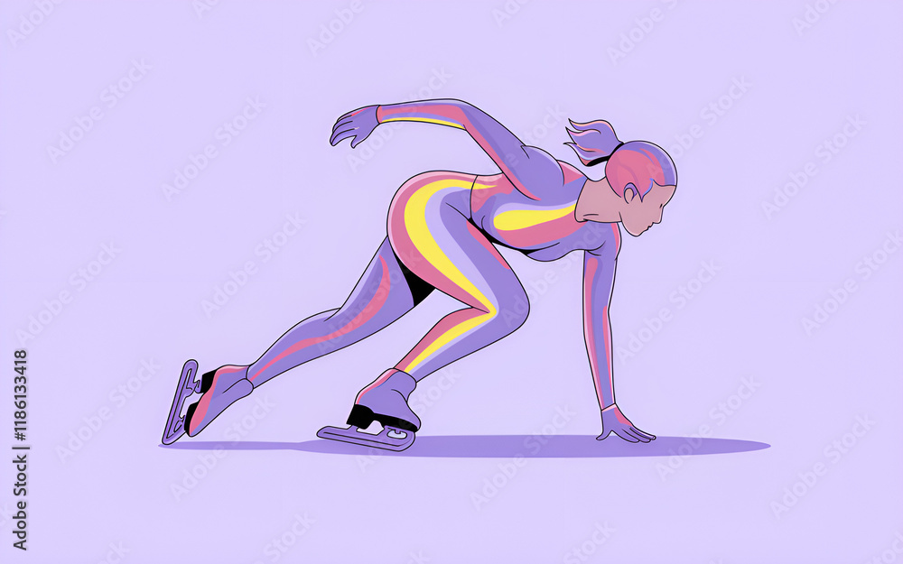 Fototapeta premium Speed skater in a vibrant purple and yellow suit, racing on the ice, symbolizing speed and energy, sports illustration.
