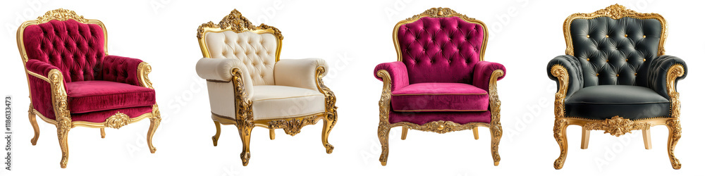 Elegant and ornate baroque inspired armchairs and sofas with tufted velvet upholstery detailed gold trim and accents Elegant and ornate baroque inspired armchairs and sofas with tufted velvet upholstery detailed gold trim and accents
