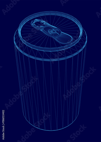 Can of soda is shown in a blue color. The can is empty and has a silver lid. The image is a 3D of the can, which gives it a more realistic appearance