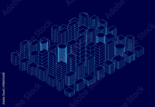 Cityscape is shown in a blue color. The buildings are made of cubes and are arranged in a grid pattern. The city appears to be futuristic and modern, with a sense of order and structure