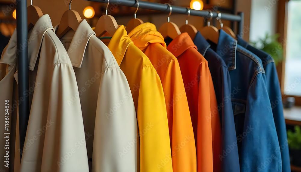 Fototapeta premium A clothing rack with various coats and jackets hanging on it, created with generative ai